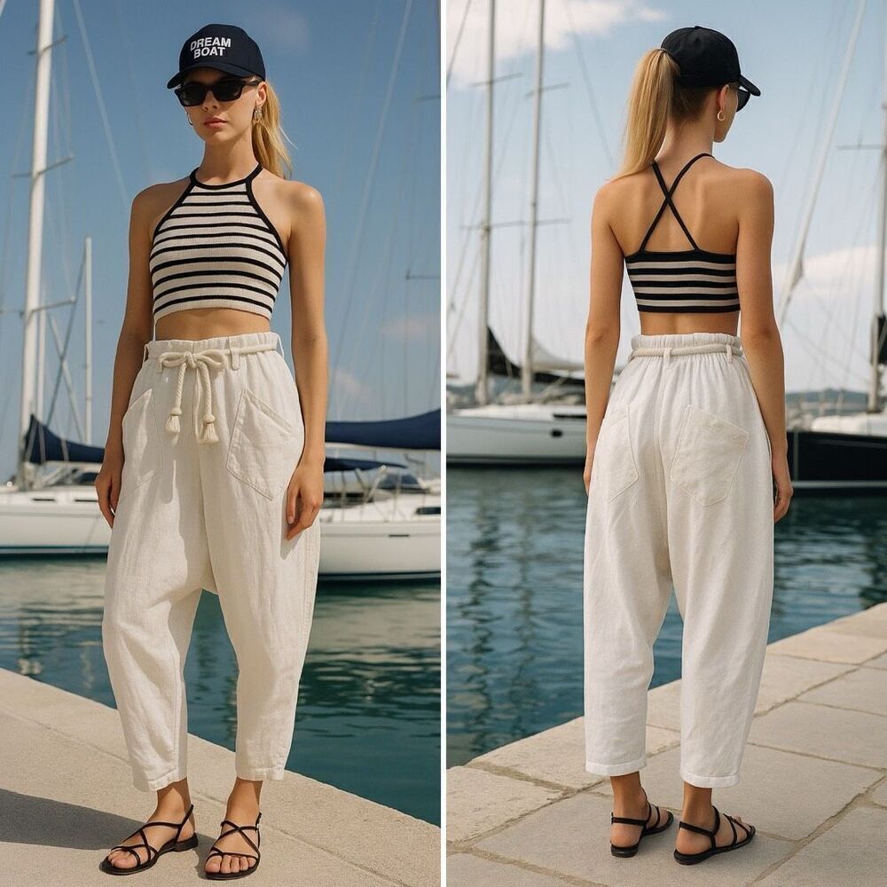 Gaby Ga Couture Linen Harem Pants OS Boho Drop Crotch Slouchy Coastal Japandi